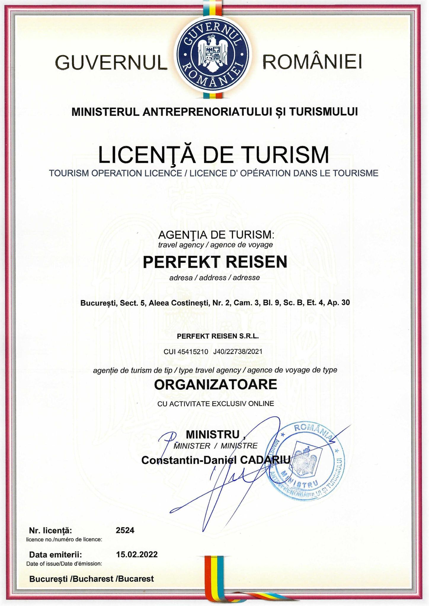 Licență de Turism Agenția de Turism Perfekt Reisen