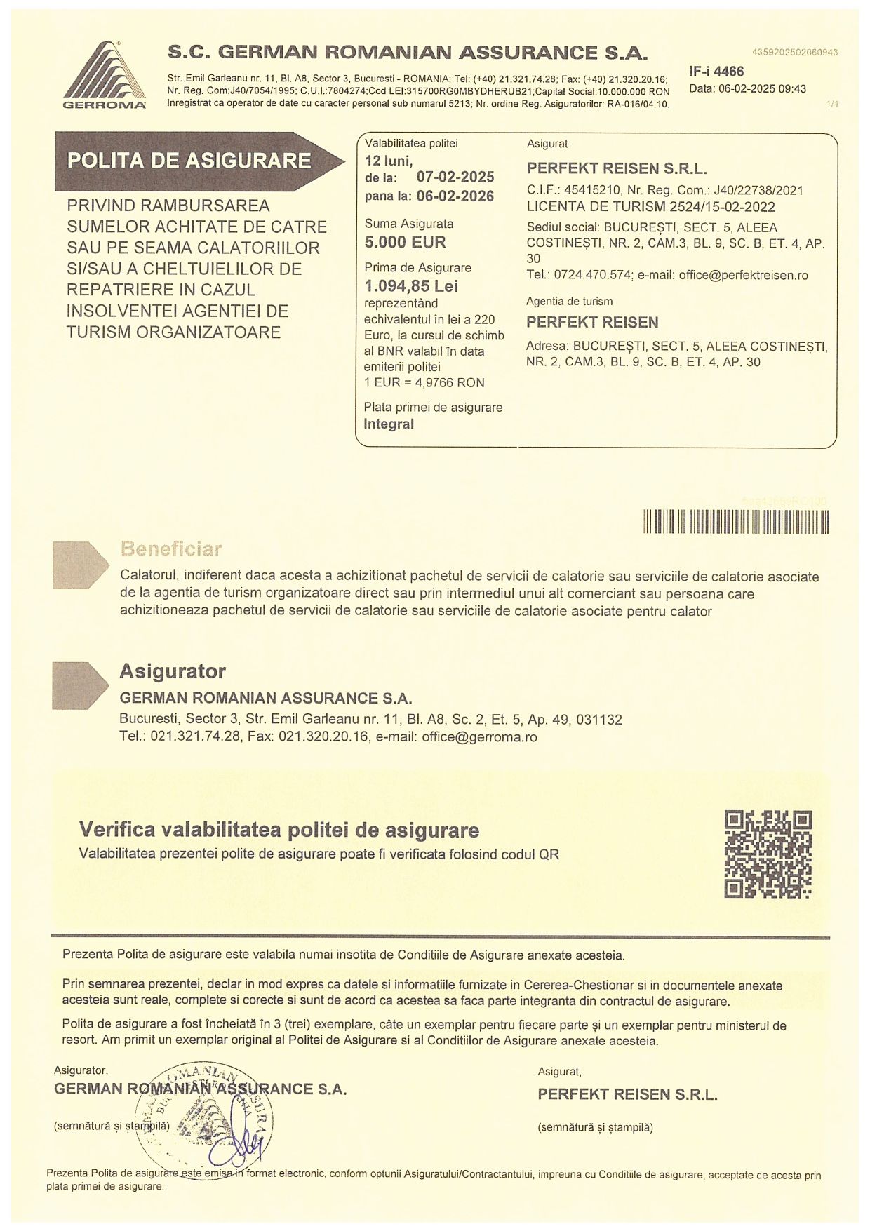 Poliță Asigurare Agenția de Turism Perfekt Reisen
