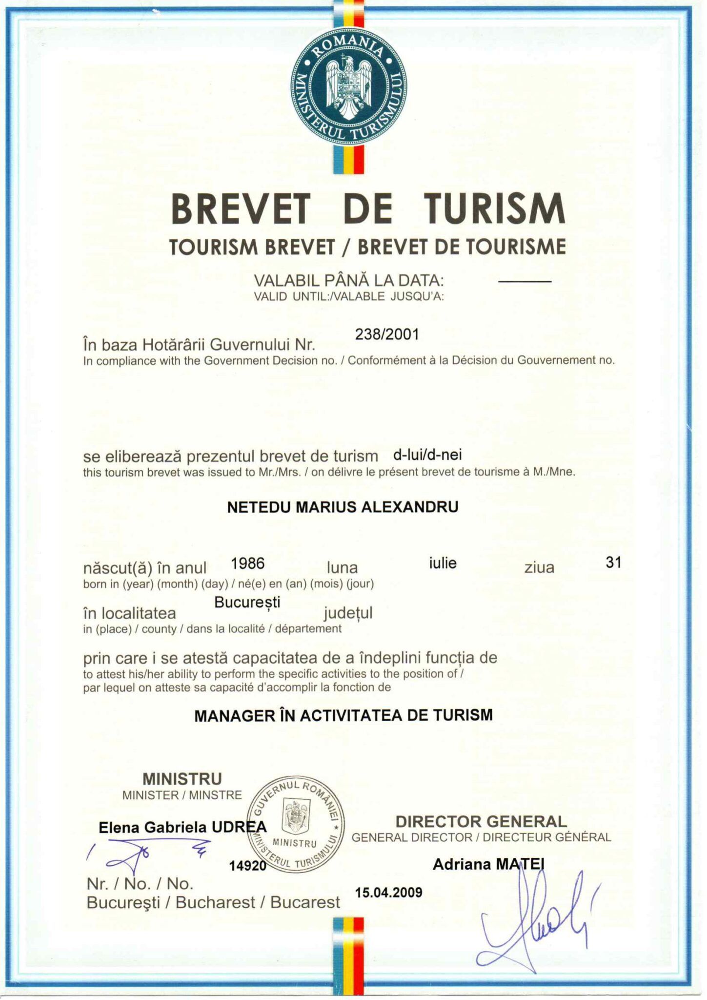 Brevet de Turism Marius Netedu Agenția Perfekt Reisen